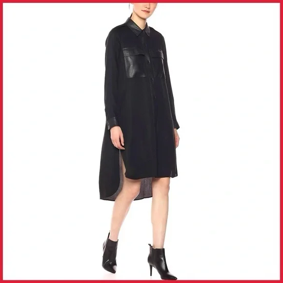 BCBG Black Button-Up Shirt Dress with Faux Leather Accents - Picture 1 of 5